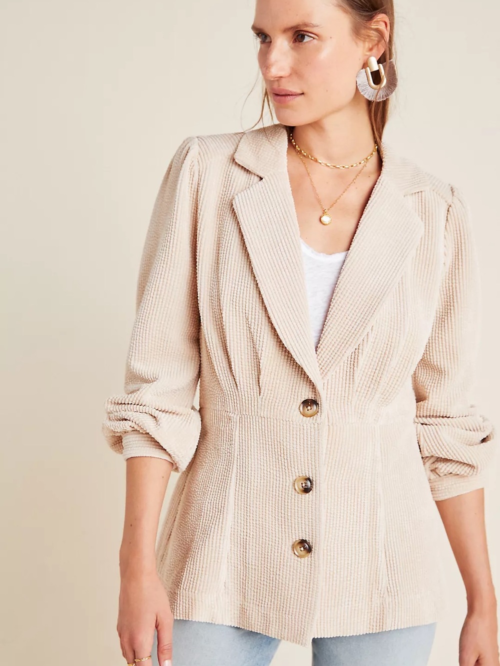 Anthropologie Current Air Courtney Soft Corduroy Blazer L Beige Cream Feminine